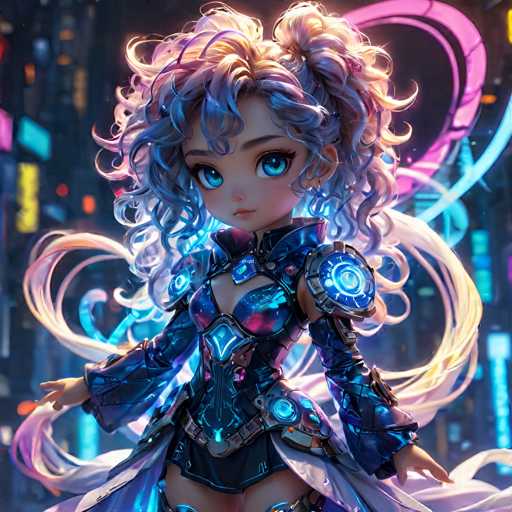 UHD, 8K, ultra detailed, a cinematic photograph of A chibi cyberpunk muse, her tiny form draped in a diaphanous robe that shimmers with pixelated light. Her hair is an ever-changing rainbow of neon curls, and her eyes are twin orbs of glowing sapphire energy. She holds a lyre crafted from solar panels and holographic strings, its melodies resonating in the air. In the style of Hideaki Anno., beautiful lighting, great composition-ugly, deformed, noisy, blurrySteps: 10, Sampler: DPM++ SDE Karras, Guidance Scale: 2.0, Seed: 3286912465, Size: 1024x1024, Model: zaxiousxl_lightiningv30_f16.ckpt, Strength: 1.0, Seed Mode: Scale Alike, Upscaler: realesrgan_x2plus_f16.ckpt, Target Size: 1024x1024, Crop: (0, 0), Original Size: 1024x1024, Negative Original Size: 512x512, Aesthetic Score: 6.0, Negative Aesthetic Score: 2.5, Zero Negative Prompt: false