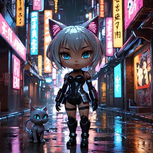 UHD, 8K, ultra detailed, a cinematic photograph of A chibi woman with seductive cybernetic cat ears and a tail, her eyes glowing with an otherworldly intensity. She stands in a dimly lit alley, surrounded by neon advertisements, her form accentuated by raindrops that reflect the city lights. In the style of Shirow Masamune., beautiful lighting, great composition-ugly, deformed, noisy, blurrySteps: 10, Sampler: DPM++ SDE Karras, Guidance Scale: 2.0, Seed: 2119255699, Size: 1024x1024, Model: juggernaut_xl_v9_lightning_f16.ckpt, Strength: 1.0, Seed Mode: Scale Alike, Upscaler: realesrgan_x2plus_f16.ckpt, Target Size: 1024x1024, Crop: (0, 0), Original Size: 1024x1024, Negative Original Size: 512x512, Aesthetic Score: 6.0, Negative Aesthetic Score: 2.5, Zero Negative Prompt: false