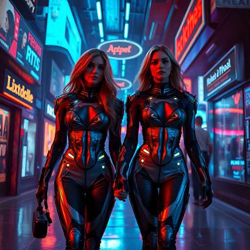 The image depicts two women dressed in futuristic black suits walking down a city street at night. The woman on the left is holding a purse and has blonde hair styled in loose waves. The woman on the right also has blonde hair but it's styled in a sleek updo. They are both wearing high heels, adding to their futuristic appearance. In the background, there are neon signs for "Petris", "Luddite", and "Next".