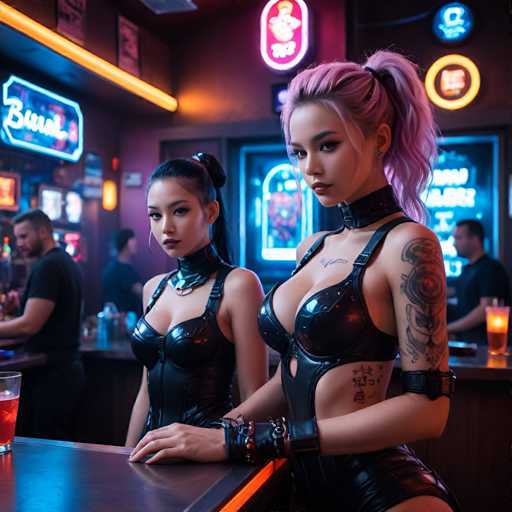 The image shows two women standing behind a bar counter with their backs turned towards the camera. The woman on the left is wearing a black leather outfit and has her hair styled in pigtails. The other woman is also dressed in black leather attire but has her hair styled in pigtails as well. Behind them, there are neon signs that add to the overall ambiance of the bar setting.