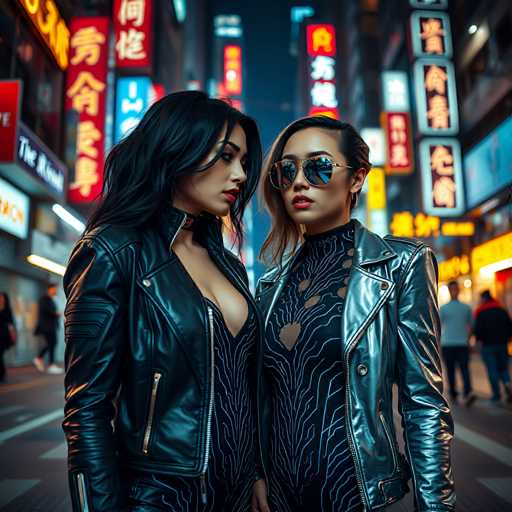 The image shows two women standing on a city street at night. The woman on the left is wearing a black leather jacket and sunglasses, while the woman on the right is wearing a silver jumpsuit with a unique design. Both women are looking directly at the camera.