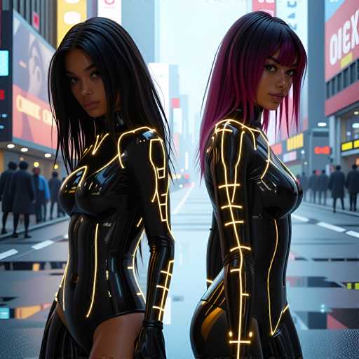 The image shows two women standing side by side on a city street at night. The woman on the left is wearing a black outfit with neon yellow lines and has long dark hair styled in loose waves. The woman on the right is also dressed in a black outfit but her hair is styled in a short bob, and she has pink hair. In the background, there are buildings illuminated by bright lights, creating an urban atmosphere.