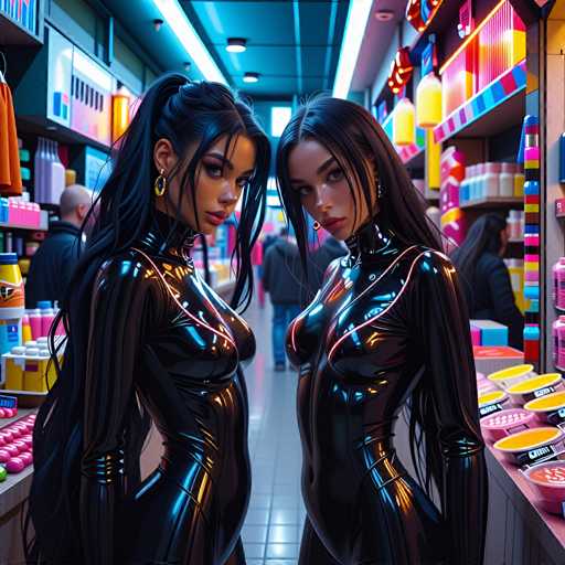 The image shows two women wearing black leather outfits standing side by side in a store aisle with colorful products on the shelves behind them. The woman on the left is positioned slightly ahead of her companion and both appear to be looking directly at the camera.