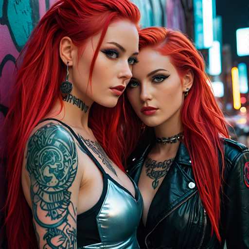 The image shows two women with red hair and tattoos on their arms posing together against a colorful graffiti-covered wall. The woman on the left has long red hair and is wearing a black tank top with a tattoo design. The woman on the right also has long red hair but is wearing a black leather jacket over her tank top.