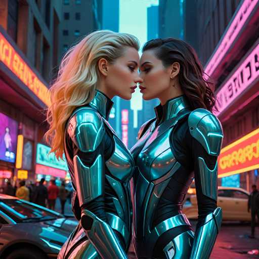 The image shows two women dressed in futuristic silver suits standing side by side on a city street at night. The woman on the left is wearing a blonde wig and has her hair styled in loose waves, while the woman on the right has short brown hair and is also wearing a helmet with a visor. They are positioned in front of a building that displays neon signs, adding to the urban atmosphere of the scene.