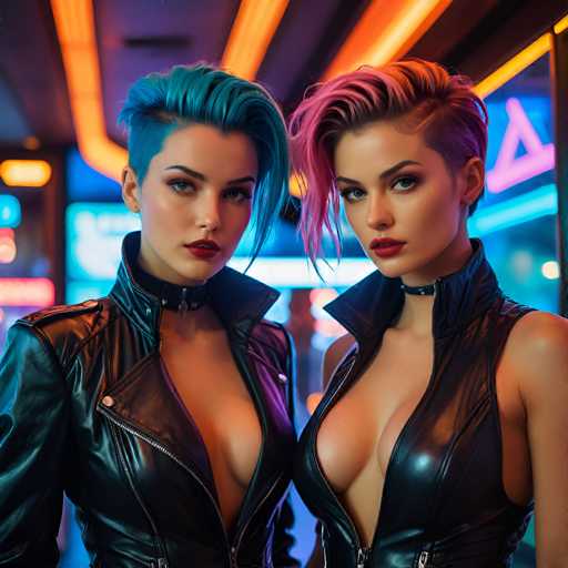 The image shows two women with blue hair and black leather outfits standing side by side against a neon-lit background. The woman on the left is wearing a black leather jacket and has her hair styled in a messy bun. The woman on the right is also dressed in a black leather outfit, but she has her hair styled in an edgy pixie cut with pink highlights.
The image does not contain any discernible text or additional objects.