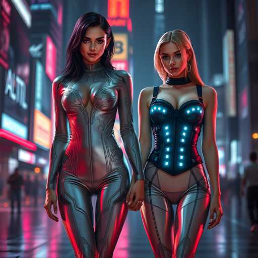 The image depicts two women walking down a city street at night. The woman on the left is wearing a silver jumpsuit with a metallic sheen and has long dark hair cascading down her shoulders. She is holding onto the arm of the other woman who is also dressed in a similar silver jumpsuit, but with blonde hair. They are both wearing black corsets that accentuate their hourglass figures. The background shows buildings illuminated by neon lights, creating an urban atmosphere.