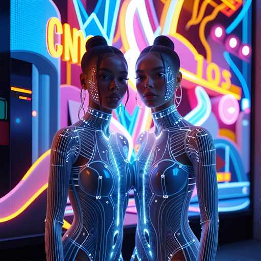 The image shows two women standing side by side against a neon-lit background. The woman on the left is wearing a blue jumpsuit with silver lines and has her hair styled in an updo. Her companion on the right is also dressed in a blue jumpsuit but has her hair styled in loose waves. Both women are looking directly at the camera, creating a sense of connection between them.