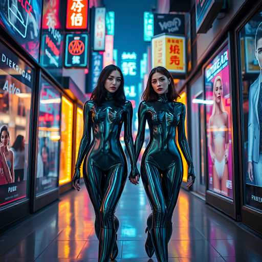 The image shows two women walking down a city street at night. They are both wearing black leather outfits and carrying bags over their shoulders. The background is filled with neon signs and advertisements for various stores, creating an urban atmosphere.