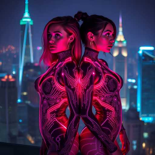 The image shows two women standing side by side against a city skyline at night. The woman on the left is wearing a black and pink outfit with glowing red accents, while her companion on the right has a similar outfit but with purple accents instead of red. Both women are looking directly at the camera, their faces illuminated by the glow from the city lights in the background.