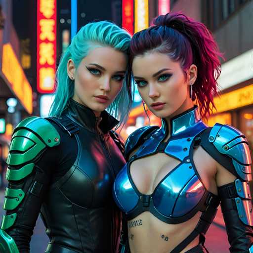 The image shows two women standing side by side on a city street at night. The woman on the left is wearing a black leather outfit with green accents and has blue hair styled in an updo. The other woman is dressed in a silver armor-like outfit that matches her companion's attire, but she also has purple hair. Both women are looking directly at the camera.