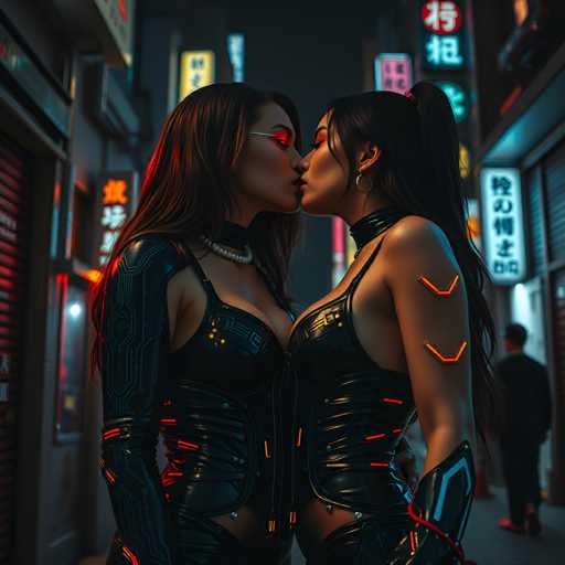 The image depicts two women dressed in futuristic black leather outfits with red accents and neon lights on the buildings behind them. The woman on the left is wearing a long-sleeved top that reaches down to her knees, while the woman on the right has a short skirt. They are standing in front of a store window, which is illuminated by neon signs.