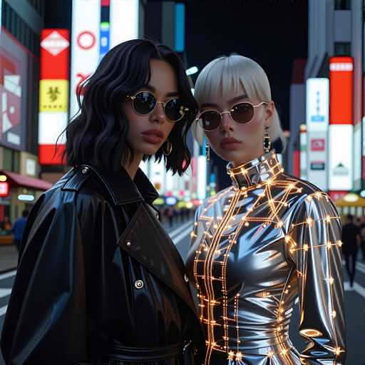 The image shows two women standing on a city street at night. The woman on the left is wearing a black leather jacket and sunglasses, while the woman on the right has blonde hair and is dressed in silver armor with orange lights. They are positioned next to each other, facing the camera directly.