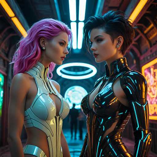 The image shows two women standing side by side in a futuristic room with neon lights and a circular window. The woman on the left is wearing a white outfit that has a metallic sheen to it, while the woman on the right is dressed in black with a shiny silver helmet. her hair is styled in loose waves.