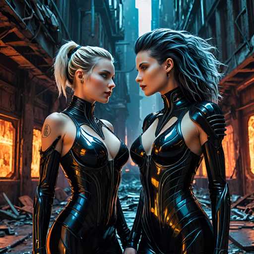 The image shows two women standing side by side on a street with buildings and debris around them. The woman on the left is wearing a black leather outfit that includes a corset and high heels, while the woman on the right is dressed in a black leather outfit as well but without any visible accessories or footwear.