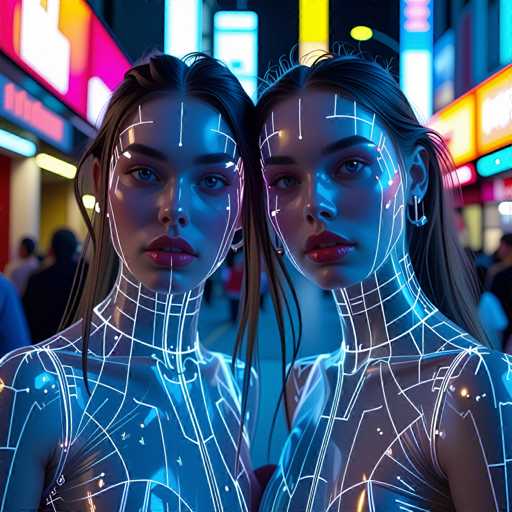 The image shows two women with long hair and blue eyes standing side by side against a backdrop of neon lights and buildings. The woman on the left is wearing a white dress that contrasts with her dark hair, while the woman on the right has red lipstick and is dressed in a black outfit.