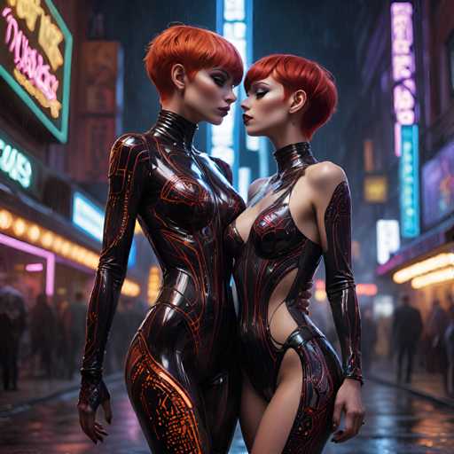 The image depicts two women wearing black leather outfits with red hair and short hair styled into pixie cuts. The woman on the left is positioned slightly ahead of her companion on the right, both facing each other in a close-up shot. They are standing on a wet street, which has a few people walking by in the background.