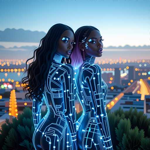 The image depicts two women standing side by side against a city skyline backdrop. The woman on the left is wearing a black and blue outfit with white lines, while the woman on the right has a pink and purple outfit with white lines. Both women are looking directly at the camera.