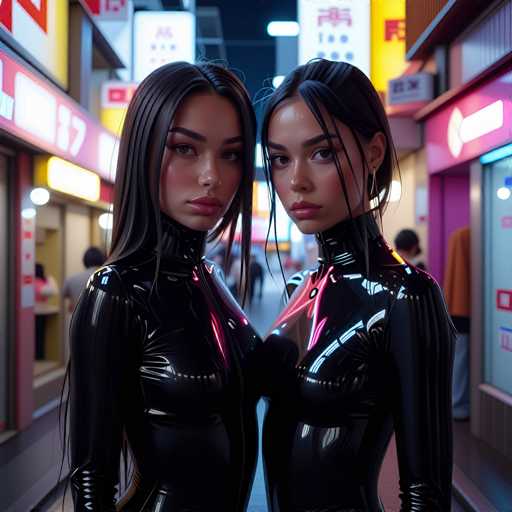 The image shows two women standing side by side on a city street at night. Both women are wearing black leather outfits and have long hair that falls down their backs. The background of the image is filled with neon signs and buildings, creating an urban atmosphere.