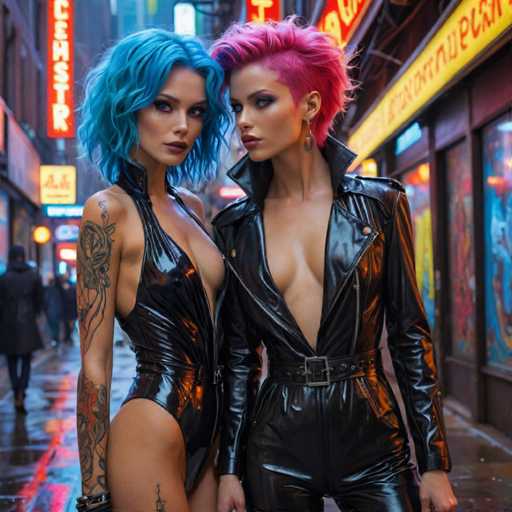 Two women with blue hair and tattoos stand on a wet city street at night, one wearing a black leather jumpsuit and the other a pink leather jumpsuit.