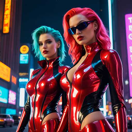 Two women dressed in shiny red and black leather outfits stand on a busy city street at night, with neon signs illuminating the surroundings.