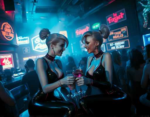 two alluring cyberpunk women with white skin, in tight, high-gloss latex bodysuits with neon accents and futuristic hairstyles, sitting at a crowded bar in a dimly lit nightclub. The air is thick with fog machines and flashing lights from the DJ booth. Neon signs and holographic advertisements dance across the walls as they laugh and clink their drinks together, surrounded by rowdy patrons. Cool blue lighting, high-contrast shadows, futuristic, cinematic, sharp focus, hyper-realistic, cyberpunk chicSteps: 3, Sampler: Euler A Trailing, Guidance Scale: 1.0, Seed: 374121389, Size: 1152x896, Model: flux_1_schnell_q5p.ckpt, Strength: 1.0, Seed Mode: Scale Alike, Upscaler: realesrgan_x2plus_f16.ckpt