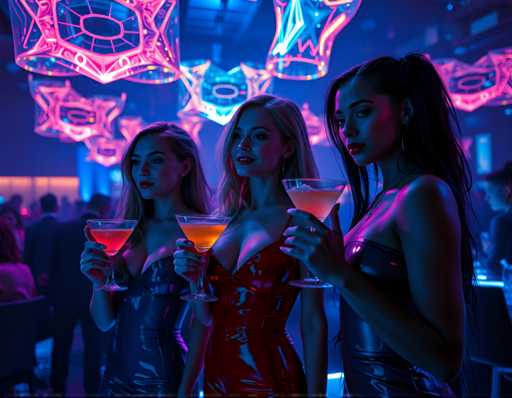 A trio of sexy young woman with mate skin, wearing bodycon  latex dress, sipping cocktails from glass cups under the vibrant glow of holographic art pieces that float above the floor, at an exclusive high-tech nightclub filled to capacity. Cool blue light, futuristic, cinematic, sharp focus, hyper-realistic, cutting-edge fashion.Steps: 5, Sampler: DPM++ 2M AYS, Guidance Scale: 1.0, Seed: 1077493354, Size: 1152x896, Model: flux_1_schnell_q5p.ckpt, Strength: 1.0, Seed Mode: Scale Alike, Upscaler: realesrgan_x2plus_f16.ckpt