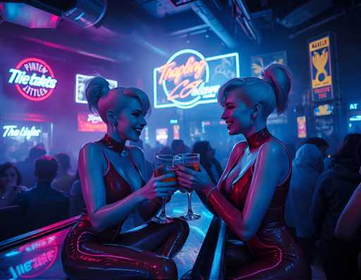 two alluring cyberpunk women with white skin, in tight, high-gloss latex bodysuits with neon accents and futuristic hairstyles, sitting at a crowded bar in a dimly lit nightclub. The air is thick with fog machines and flashing lights from the DJ booth. Neon signs and holographic advertisements dance across the walls as they laugh and clink their drinks together, surrounded by rowdy patrons. Cool blue lighting, high-contrast shadows, futuristic, cinematic, sharp focus, hyper-realistic, cyberpunk chicSteps: 3, Sampler: Euler A Trailing, Guidance Scale: 1.0, Seed: 1874389934, Size: 1152x896, Model: flux_1_schnell_q5p.ckpt, Strength: 1.0, Seed Mode: Scale Alike, Upscaler: realesrgan_x2plus_f16.ckpt