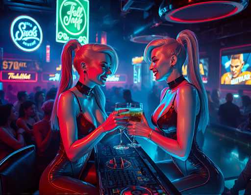 two alluring cyberpunk women with white skin, in tight, high-gloss latex bodysuits with neon accents and futuristic hairstyles, sitting at a crowded bar in a dimly lit nightclub. The air is thick with fog machines and flashing lights from the DJ booth. Neon signs and holographic advertisements dance across the walls as they laugh and clink their drinks together, surrounded by rowdy patrons. Cool blue lighting, high-contrast shadows, futuristic, cinematic, sharp focus, hyper-realistic, cyberpunk chicSteps: 3, Sampler: Euler A Trailing, Guidance Scale: 1.0, Seed: 401321296, Size: 1152x896, Model: flux_1_schnell_q5p.ckpt, Strength: 1.0, Seed Mode: Scale Alike, Upscaler: realesrgan_x2plus_f16.ckpt