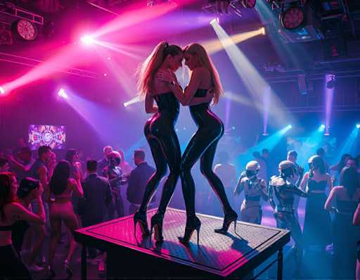 two seductive women in latex catsuit and high heels, dancing together on a raised platform amidst flashing lights and fog machines in an underground nightclub filled with people and cyborgs dancing wildly. Fast-paced, energetic atmosphere, vibrant colors, bold lighting effects, cutting-edge fashion.Steps: 5, Sampler: Euler A Trailing, Guidance Scale: 1.0, Seed: 246254324, Size: 1152x896, Model: flux_1_schnell_q5p.ckpt, Strength: 1.0, Seed Mode: Scale Alike, Upscaler: realesrgan_x2plus_f16.ckpt