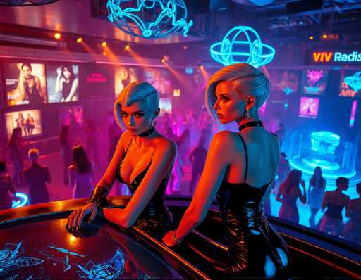 two seductive women android with porcelain skin and sophisticated hair style, in latex jumpsuits, sitting at a VIP table overlooking the dance floor of a bustling nightclub. The walls are adorned with holographic advertisements and the room filled with holographic art pieces that float above the floor. They're surrounded by beautiful people in latex dancing under flashing lights. Warm, golden lighting, vibrant blue and purple neon colors, futuristic, cinematic, sharp focus, hyper-realistic, cyberpunk glamourSteps: 3, Sampler: Euler A Trailing, Guidance Scale: 1.0, Seed: 4086714152, Size: 1152x896, Model: flux_1_schnell_q5p.ckpt, Strength: 1.0, Seed Mode: Scale Alike, Upscaler: realesrgan_x2plus_f16.ckpt