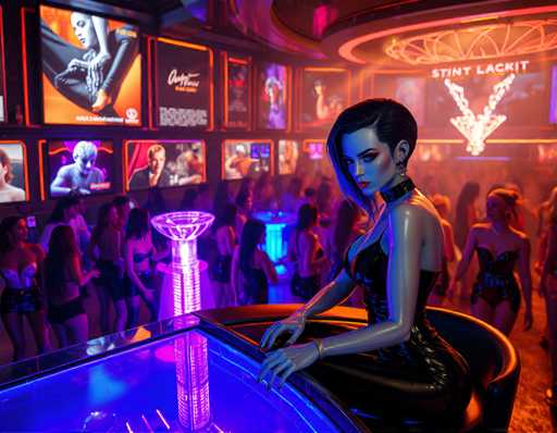 two seductive women android with porcelain skin and sophisticated hair style, in latex jumpsuits, sitting at a VIP table overlooking the dance floor of a bustling nightclub. The walls are adorned with holographic advertisements and the room filled with holographic art pieces that float above the floor. They're surrounded by beautiful people in latex dancing under flashing lights. Warm, golden lighting, vibrant blue and purple neon colors, futuristic, cinematic, sharp focus, hyper-realistic, cyberpunk glamourSteps: 3, Sampler: Euler A Trailing, Guidance Scale: 1.0, Seed: 1947799601, Size: 1152x896, Model: flux_1_schnell_q5p.ckpt, Strength: 1.0, Seed Mode: Scale Alike, Upscaler: realesrgan_x2plus_f16.ckpt