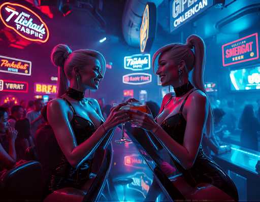 two alluring cyberpunk women with white skin, in tight, high-gloss latex bodysuits with neon accents and futuristic hairstyles, sitting at a crowded bar in a dimly lit nightclub. The air is thick with fog machines and flashing lights from the DJ booth. Neon signs and holographic advertisements dance across the walls as they laugh and clink their drinks together, surrounded by rowdy patrons. Cool blue lighting, high-contrast shadows, futuristic, cinematic, sharp focus, hyper-realistic, cyberpunk chicSteps: 3, Sampler: Euler A Trailing, Guidance Scale: 1.0, Seed: 3306230929, Size: 1152x896, Model: flux_1_schnell_q5p.ckpt, Strength: 1.0, Seed Mode: Scale Alike, Upscaler: realesrgan_x2plus_f16.ckpt