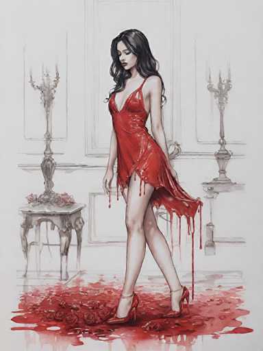 Ink Dripping Drawing, A captivating siren in an alluring red mini-dress, her stiletto heels clicking rhythmically against the marble floor as she sashays through a dimly lit room filled with roses and candles., ink drawing, dripping ink-ugly, deformed, noisy, blurry, low contrast, colorful, vibrantSteps: 12, Sampler: DPM++ SDE AYS, Guidance Scale: 2.0, Seed: 3958154490, Size: 768x1024, Model: realvisxlv40_v40bakedvae_f16.ckpt, Strength: 1.0, Seed Mode: Scale Alike, Upscaler: realesrgan_x2plus_f16.ckpt, CLIP Skip: 2, Target Size: 768x1024, Crop: (0, 0), Original Size: 768x1024, Negative Original Size: 512x512, Aesthetic Score: 6.0, Negative Aesthetic Score: 2.5, Zero Negative Prompt: false