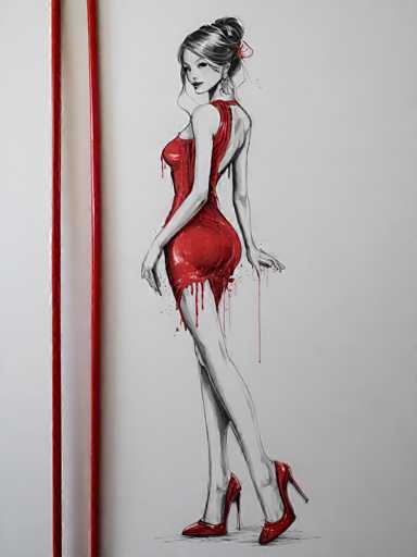 Ink Dripping Drawing, An enchanting beauty in a short red dress and high heels, her curves accentuated by the form-fitting garment. She leans against a wall, one hand on her hip, her other hand playing with a strand of hair as she gives you a seductive smile., ink drawing, dripping ink-ugly, deformed, noisy, blurry, low contrast, colorful, vibrantSteps: 12, Sampler: DPM++ SDE AYS, Guidance Scale: 2.0, Seed: 925151608, Size: 768x1024, Model: leosamshelloworldxl_helloworldxl70_f16.ckpt, Strength: 1.0, Seed Mode: Scale Alike, Upscaler: realesrgan_x2plus_f16.ckpt, CLIP Skip: 2, Target Size: 768x1024, Crop: (0, 0), Original Size: 768x1024, Negative Original Size: 512x512, Aesthetic Score: 6.0, Negative Aesthetic Score: 2.5, Zero Negative Prompt: false