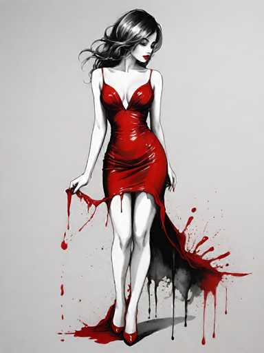 Ink Dripping Drawing, An alluring woman dressed in a short red dress that leaves little to the imagination. Her hair cascades down her shoulders as she gives you a sultry look, her red lipstick matching the color of her dress. The stiletto heels she wears add an extra inch to her already impressive height., ink drawing, dripping ink-ugly, deformed, noisy, blurry, low contrast, colorful, vibrantSteps: 12, Sampler: DPM++ SDE AYS, Guidance Scale: 2.0, Seed: 3767141639, Size: 768x1024, Model: zavychromaxl_v80_f16.ckpt, Strength: 1.0, Seed Mode: Scale Alike, Upscaler: realesrgan_x2plus_f16.ckpt, CLIP Skip: 2, Target Size: 768x1024, Crop: (0, 0), Original Size: 768x1024, Negative Original Size: 512x512, Aesthetic Score: 6.0, Negative Aesthetic Score: 2.5, Zero Negative Prompt: false