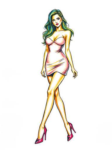 Vibrant marker drawing of a seductive young woman wearing a mini dress and high heels. Bold outlines, layered colors, textured shading. Illustration style on white paper background. Crisp details, dynamic composition, front viewSteps: 3, Sampler: DPM++ 2M Trailing, Guidance Scale: 1.0, Seed: 990119663, Size: 768x1024, Model: flux_1_schnell_q5p.ckpt, Strength: 1.0, Seed Mode: Scale Alike, Upscaler: realesrgan_x2plus_f16.ckpt, CLIP Skip: 2