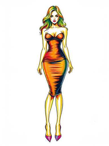 Vibrant marker drawing of a sexy young woman wearing a bodycon dress and high heels. Bold outlines, layered colors, textured shading. Illustration style on white paper background. Crisp details, dynamic composition, front viewSteps: 3, Sampler: DPM++ 2M Trailing, Guidance Scale: 1.0, Seed: 2236510314, Size: 768x1024, Model: flux_1_schnell_q5p.ckpt, Strength: 1.0, Seed Mode: Scale Alike, Upscaler: realesrgan_x2plus_f16.ckpt, CLIP Skip: 2