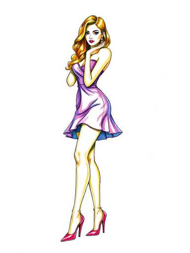 Vibrant marker drawing of a sexy young woman wearing a dress and high heels. Bold outlines, layered colors, textured shading. Illustration style on white paper background. Crisp details, dynamic compositionSteps: 3, Sampler: DPM++ 2M AYS, Guidance Scale: 1.0, Seed: 481505923, Size: 768x1024, Model: flux_1_schnell_q5p.ckpt, Strength: 1.0, Seed Mode: Scale Alike, Upscaler: realesrgan_x2plus_f16.ckpt, CLIP Skip: 2