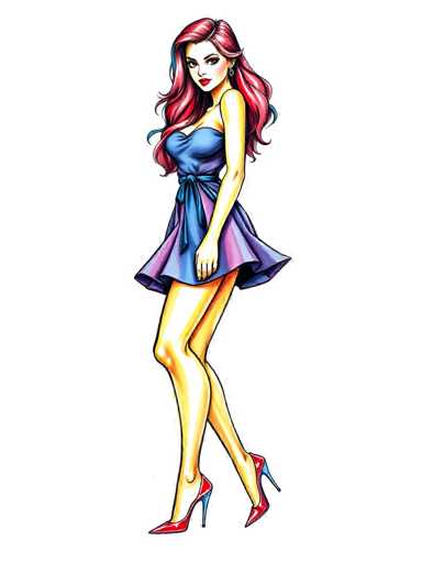 Vibrant marker drawing of a sexy young woman wearing a dress and high heels. Bold outlines, layered colors, textured shading. Illustration style on white paper background. Crisp details, dynamic compositionSteps: 3, Sampler: DPM++ 2M Trailing, Guidance Scale: 1.0, Seed: 2468660410, Size: 768x1024, Model: flux_1_schnell_q5p.ckpt, Strength: 1.0, Seed Mode: Scale Alike, Upscaler: realesrgan_x2plus_f16.ckpt, CLIP Skip: 2