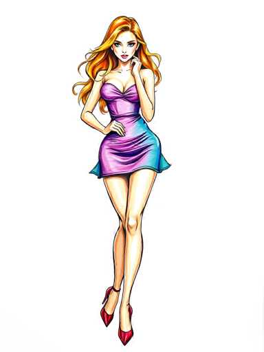 Vibrant marker drawing of a seductive young woman wearing a mini dress and high heels. Bold outlines, layered colors, textured shading. Illustration style on white paper background. Crisp details, dynamic composition, front viewSteps: 3, Sampler: DPM++ 2M Trailing, Guidance Scale: 1.0, Seed: 377648614, Size: 768x1024, Model: flux_1_schnell_q5p.ckpt, Strength: 1.0, Seed Mode: Scale Alike, Upscaler: realesrgan_x2plus_f16.ckpt, CLIP Skip: 2