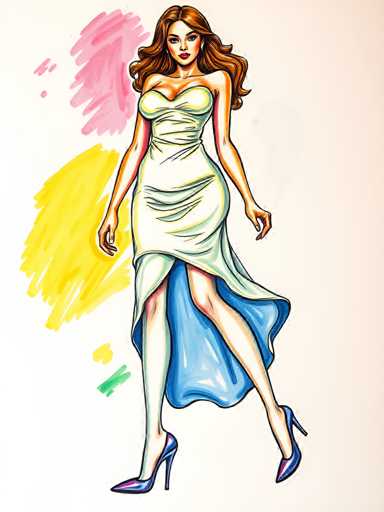 Vibrant marker drawing of a sexy young woman wearing a dress and high heels. Bold outlines, layered colors, textured shading. Illustration style on white paper background. Crisp details, dynamic compositionSteps: 3, Sampler: DPM++ 2M AYS, Guidance Scale: 1.0, Seed: 646877618, Size: 768x1024, Model: flux_1_schnell_q5p.ckpt, Strength: 1.0, Seed Mode: Scale Alike, Upscaler: realesrgan_x2plus_f16.ckpt, CLIP Skip: 2