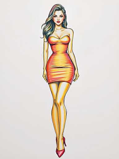 Vibrant marker drawing of a sexy young woman wearing a bodycon dress and high heels. Bold outlines, layered colors, textured shading. Illustration style on white paper background. Crisp details, dynamic composition, front viewSteps: 3, Sampler: DPM++ 2M Trailing, Guidance Scale: 1.0, Seed: 658824047, Size: 768x1024, Model: flux_1_schnell_q5p.ckpt, Strength: 1.0, Seed Mode: Scale Alike, Upscaler: realesrgan_x2plus_f16.ckpt, CLIP Skip: 2