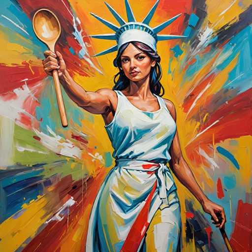 abstract expressionist painting : A whimsical take on the Statue of Liberty: she's wearing a chef's hat and holds a giant wooden spoon instead of a torch. The tablet in her left hand reads 'Recipe for Freedom Fries'. . energetic brushwork, bold colors, abstract forms, expressive, emotional-realistic, photorealistic, low contrast, plain, simple, monochromeSteps: 8, Sampler: DPM++ SDE Karras, Guidance Scale: 1.8, Seed: 782056544, Size: 1024x1024, Model: mexxl_lcm_yy_f16.ckpt, Strength: 1.0, Seed Mode: Scale Alike, Upscaler: realesrgan_x2plus_f16.ckpt, Target Size: 1024x1024, Crop: (0, 0), Original Size: 1024x1024, Negative Original Size: 512x512, Aesthetic Score: 6.0, Negative Aesthetic Score: 2.5, Zero Negative Prompt: false