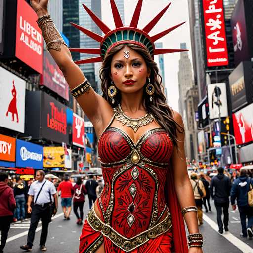 tribal style A real-life Statue of Liberty, sans pedestal, standing proudly in Times Square, NYC, wearing a sparkly red dress and holding a sign that reads 'Liberty for All!' . indigenous, ethnic, traditional patterns, bold, natural colors, highly detailed-modern, futuristic, minimalist, pastelSteps: 8, Sampler: DPM++ SDE Karras, Guidance Scale: 1.8, Seed: 3656403661, Size: 1024x1024, Model: imaginarium_v10_turbo_f16.ckpt, Strength: 1.0, Seed Mode: Scale Alike, Upscaler: realesrgan_x2plus_f16.ckpt, Target Size: 1024x1024, Crop: (0, 0), Original Size: 1024x1024, Negative Original Size: 512x512, Aesthetic Score: 6.0, Negative Aesthetic Score: 2.5, Zero Negative Prompt: false