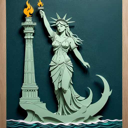 stacked papercut art of Create an image of the Statue of Liberty as a mermaid, with her torso emerging from the water while still holding her torch aloft, symbolizing her connection to both land and sea. . 3D, layered, dimensional, depth, precision cut, stacked layers, papercut, high contrast-2D, flat, noisy, blurry, painting, drawing, photo, deformedSteps: 8, Sampler: DPM++ SDE Karras, Guidance Scale: 1.8, Seed: 3450577309, Size: 1024x1024, Model: realvisxl_v40_lightning_f16.ckpt, Strength: 1.0, Seed Mode: Scale Alike, Upscaler: realesrgan_x2plus_f16.ckpt, Target Size: 1024x1024, Crop: (0, 0), Original Size: 1024x1024, Negative Original Size: 512x512, Aesthetic Score: 6.0, Negative Aesthetic Score: 2.5, Zero Negative Prompt: false