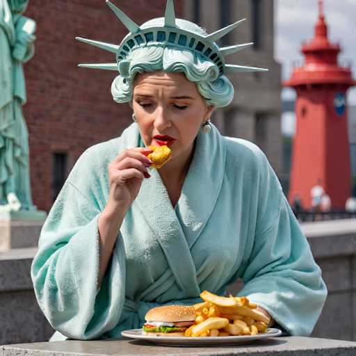 Macro Photography, Lady Liberty portrayed as a woman in her 60s with curlers in her hair, wearing a bathrobe and slippers, sitting on the pedestal and eating a sandwich while looking bored. A seagull flies by holding a French fry in its beak., close-up, macro 100mm, macro photography-ugly, deformed, noisy, blurry, low contrastSteps: 8, Sampler: DPM++ SDE Karras, Guidance Scale: 1.8, Seed: 1850084868, Size: 1024x1024, Model: wildcardxxllightning_wildcardxxl_f16.ckpt, Strength: 1.0, Seed Mode: Scale Alike, Upscaler: realesrgan_x2plus_f16.ckpt, Target Size: 1024x1024, Crop: (0, 0), Original Size: 1024x1024, Negative Original Size: 512x512, Aesthetic Score: 6.0, Negative Aesthetic Score: 2.5, Zero Negative Prompt: false