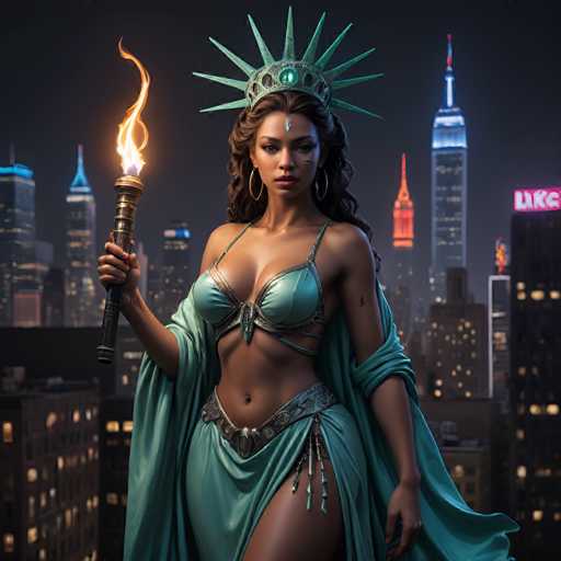 neon noir A realistic depiction of a woman dressed as Lady Liberty, standing with one hand on her hip and the other extended in front of her, holding a torch alight. She has long flowing curls, expressive eyes, and wears a crown adorned with seven spikes and rays of light. The scene is set against a backdrop of the New York City skyline. . cyberpunk, dark, rainy streets, neon signs, high contrast, low light, vibrant, highly detailed-bright, sunny, daytime, low contrast, black and white, sketch, watercolorSteps: 8, Sampler: DPM++ SDE Karras, Guidance Scale: 1.8, Seed: 825232802, Size: 1024x1024, Model: fenrisxl_sdxl_lightning_f16.ckpt, Strength: 1.0, Seed Mode: Scale Alike, Upscaler: realesrgan_x2plus_f16.ckpt, Target Size: 1024x1024, Crop: (0, 0), Original Size: 1024x1024, Negative Original Size: 512x512, Aesthetic Score: 6.0, Negative Aesthetic Score: 2.5, Zero Negative Prompt: false