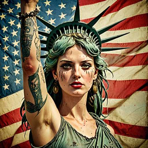 grunge style Create an image of Lady Liberty as a real woman, with all the imperfections and unique features that come with being human. Show her with wrinkles, freckles, scars, and imperfect teeth. Yet, maintain her iconic torch held high and the crown adorned with seven spikes. . textured, distressed, vintage, edgy, punk rock vibe, dirty, noisy-smooth, clean, minimalist, sleek, modern, photorealisticSteps: 8, Sampler: DPM++ SDE Karras, Guidance Scale: 1.8, Seed: 2497558965, Size: 1024x1024, Model: imaginarium_v10_turbo_f16.ckpt, Strength: 1.0, Seed Mode: Scale Alike, Upscaler: realesrgan_x2plus_f16.ckpt, Target Size: 1024x1024, Crop: (0, 0), Original Size: 1024x1024, Negative Original Size: 512x512, Aesthetic Score: 6.0, Negative Aesthetic Score: 2.5, Zero Negative Prompt: false