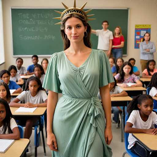 A modern Lady Liberty as a teacher, standing in front of a classroom filled with students. She holds a book in one hand, symbolizing the transfer of knowledge and enlightenment.Steps: 8, Sampler: DPM++ SDE Karras, Guidance Scale: 1.8, Seed: 1506770691, Size: 1024x1024, Model: imaginarium_v10_turbo_f16.ckpt, Strength: 1.0, Seed Mode: Scale Alike, Upscaler: realesrgan_x2plus_f16.ckpt, Target Size: 1024x1024, Crop: (0, 0), Original Size: 1024x1024, Negative Original Size: 512x512, Aesthetic Score: 6.0, Negative Aesthetic Score: 2.5, Zero Negative Prompt: false